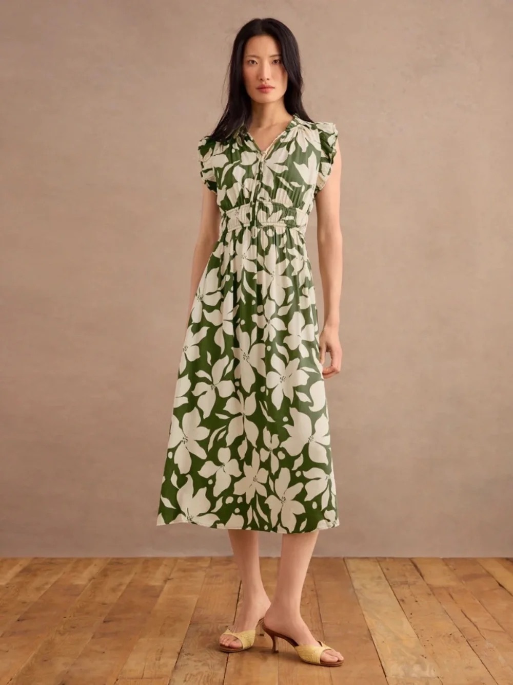 Cabi Havana Dress Green Cream Floral Midi Ruffle Size L Pockets
